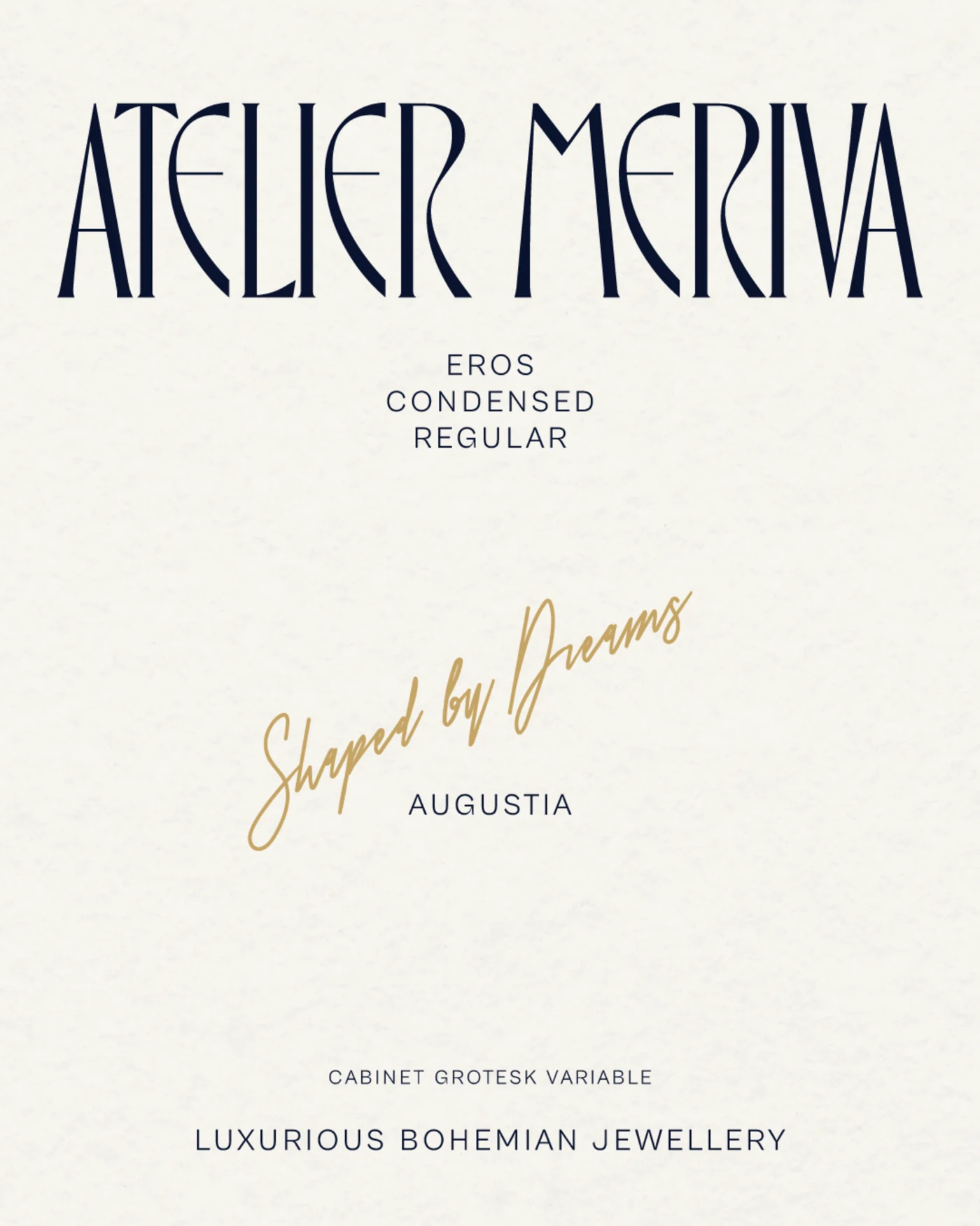 Eros Condensed Regular wordmark, Augustia signature and Cabinet Grotesk Variable typography