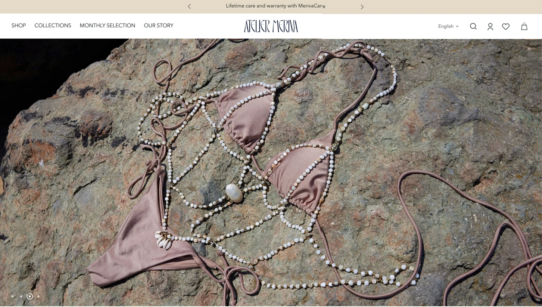 Complete Atelier Meriva website design showing a jewelry collection on natural stone